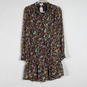 TCEC Mendy Tiered Button Up Mini Dress Womens Sz M Black Floral Long Sleeve